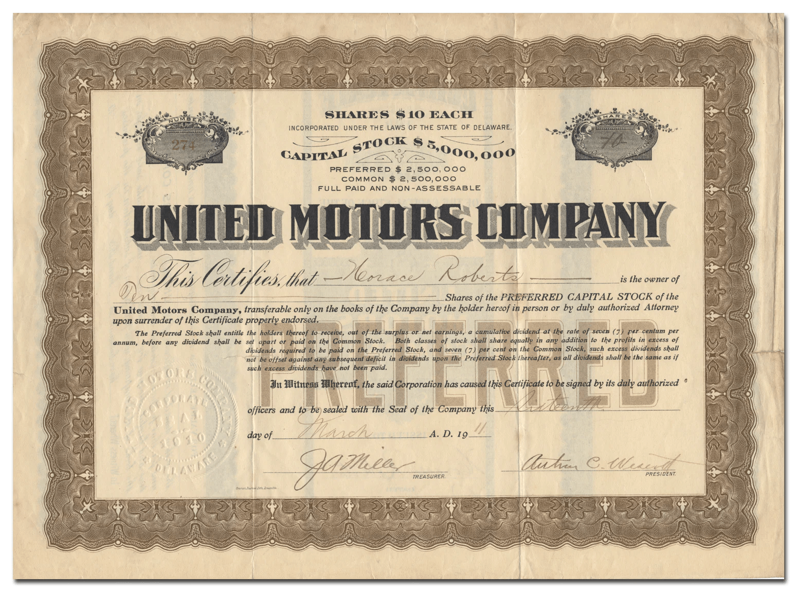 United Motors Company Stock Certificate Ghosts of Wall Street