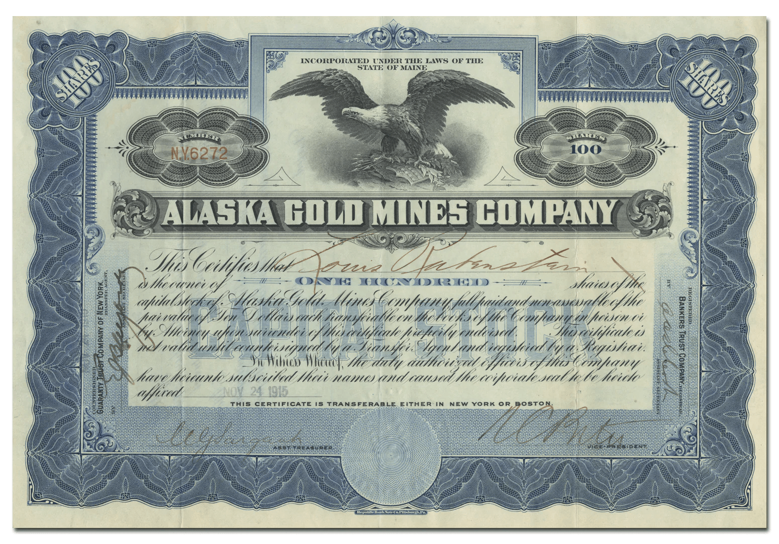 Alaska Gold Mines Company Stock Certificate Ghosts of Wall Street