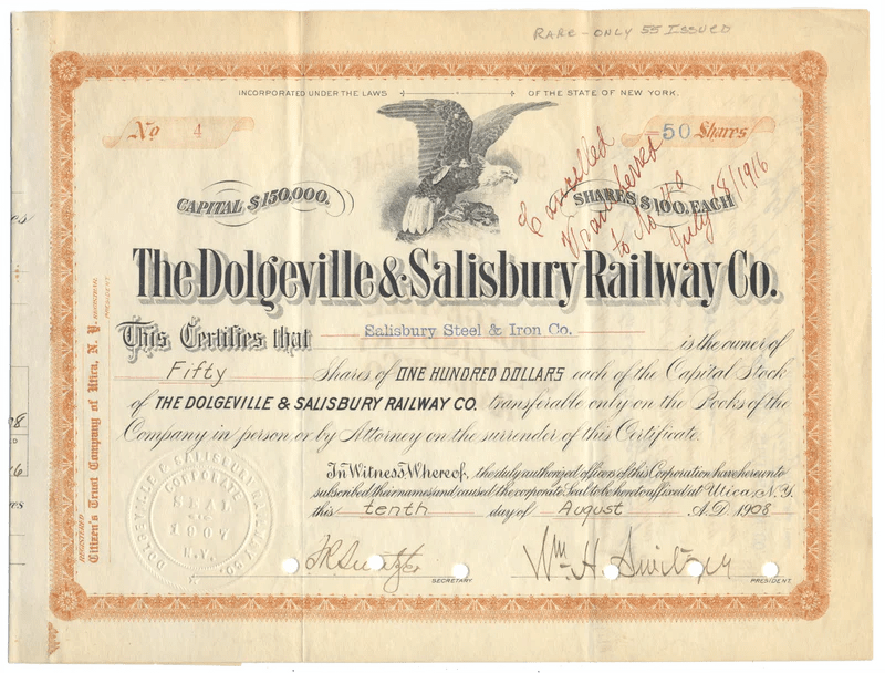 Dolgeville & Salisbury Railway Co. Stock Certificate Ghosts of Wall Street