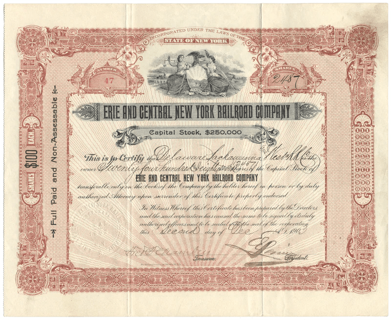 Erie and Central New York Railroad Company Stock Certificate Ghosts