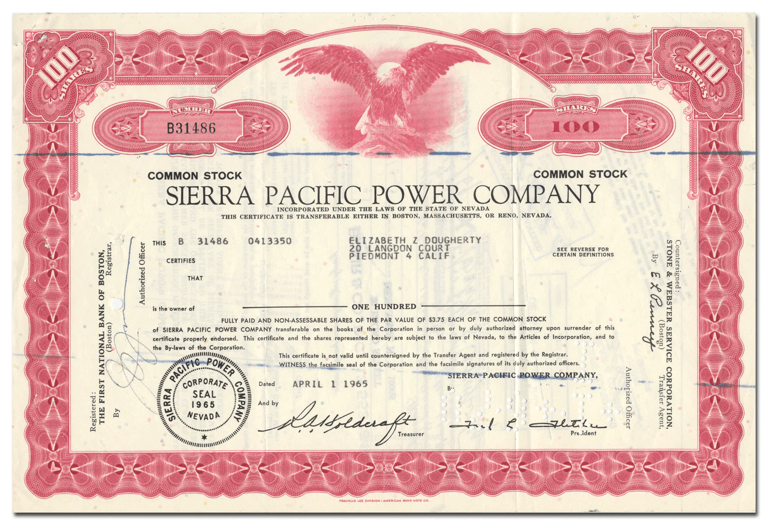 Sierra Pacific Power Company Stock Certificate Ghosts of Wall Street