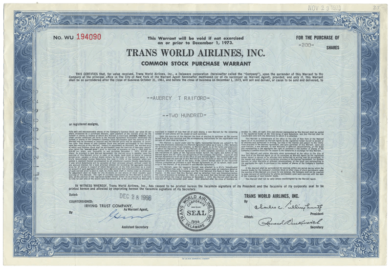 Trans World Air Lines (TWA) Stock Certificate Ghosts of Wall Street
