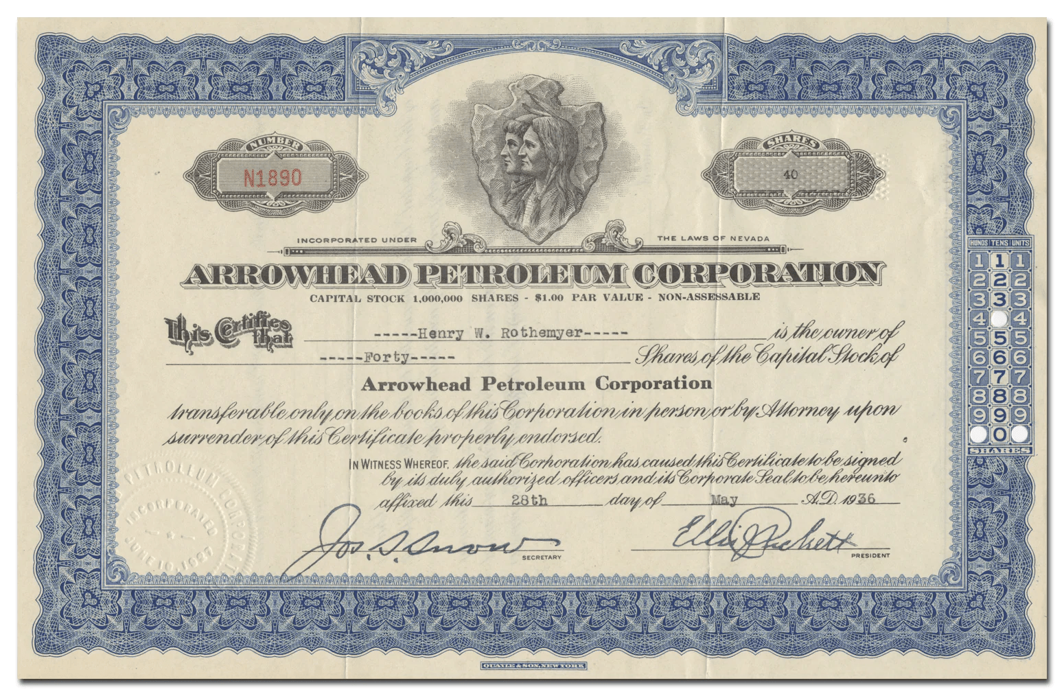 Arrowhead Petroleum Corp. Stock Certificate Ghosts of Wall Street