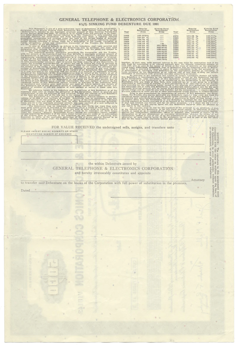 General Telephone & Electronics Corporation (GTE) Stock Certificate Ghosts of Wall Street