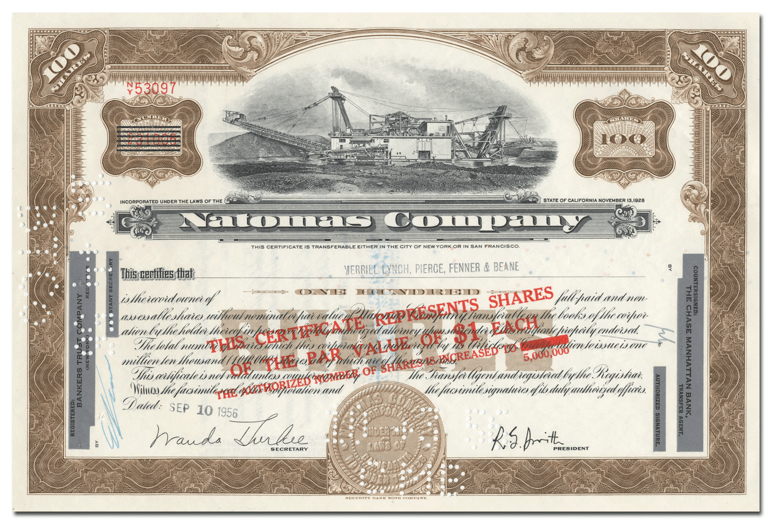 Natomas Company Stock Certificate Ghosts of Wall Street