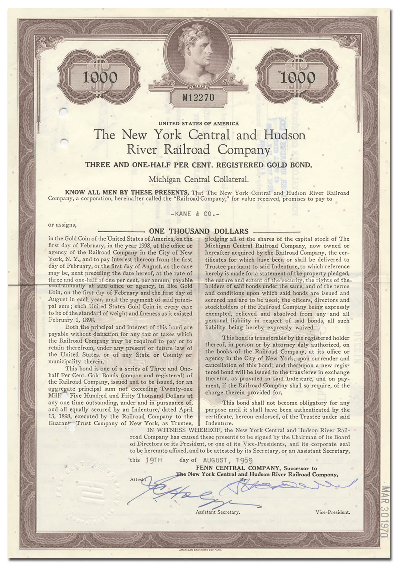 New York Central & Hudson River Railroad Bond Certificate Ghosts of