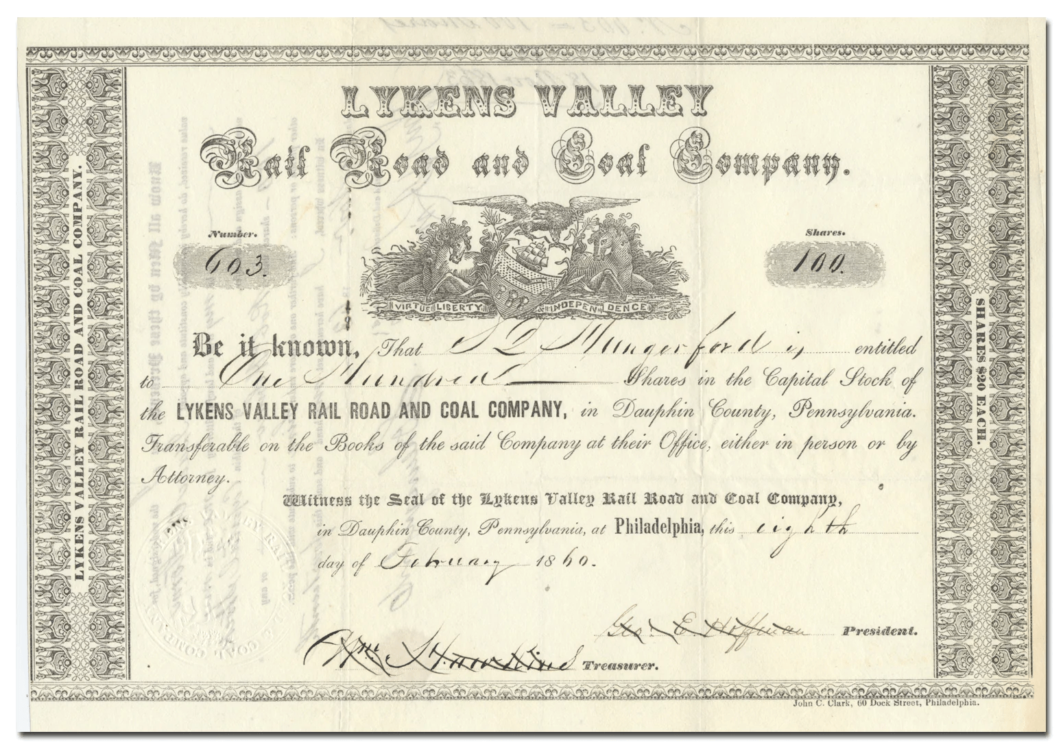 Lykens Valley Rail Road and Coal Company Stock Certificate Ghosts of