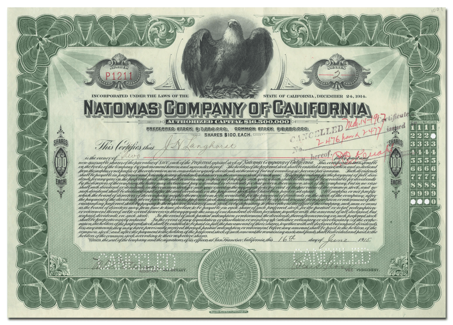 Natomas Company of California (Dredging) Stock Certificate Ghosts of