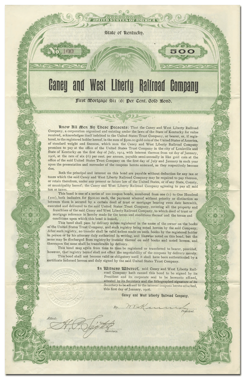 Caney and West Liberty Railroad Company Bond Certificate Ghosts of