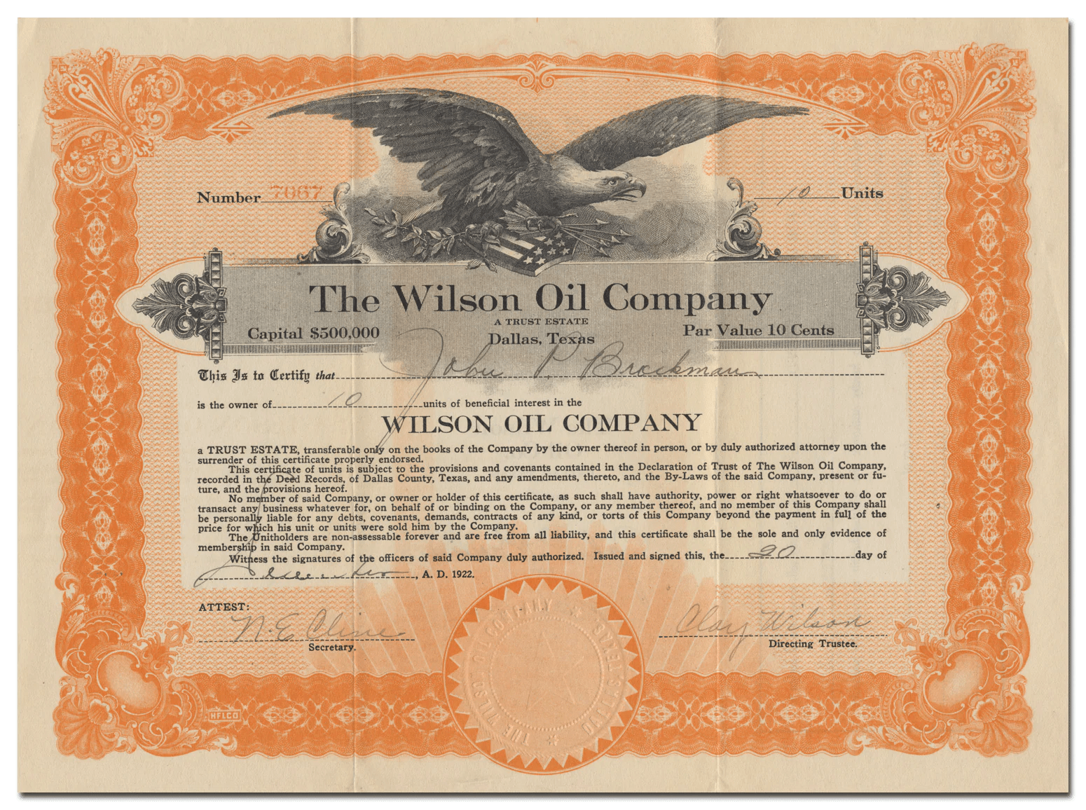 Wilson Oil Company Stock Certificate Ghosts of Wall Street