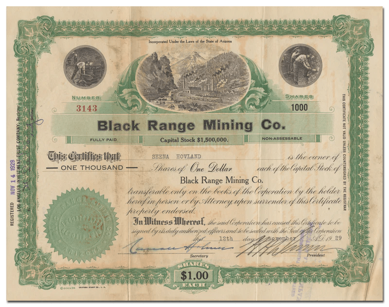 Black Range Mining Co. (New Mexico) Stock Certificate Ghosts of Wall