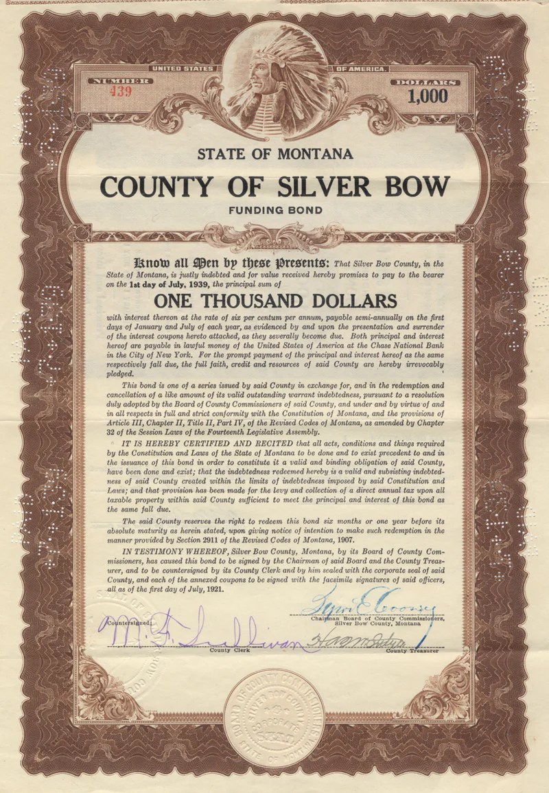Silver Bow County, Montana Bond Certificate Ghosts of Wall Street