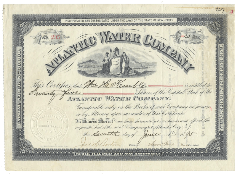 Atlantic Water Company Stock Certificate Ghosts of Wall Street