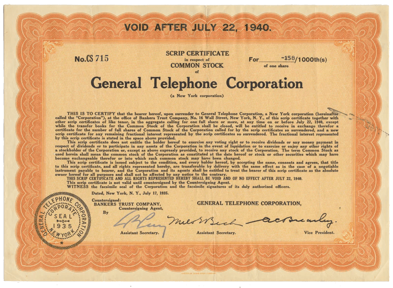 General Telephone & Electronics Corporation (GTE) Stock Certificate Ghosts of Wall Street