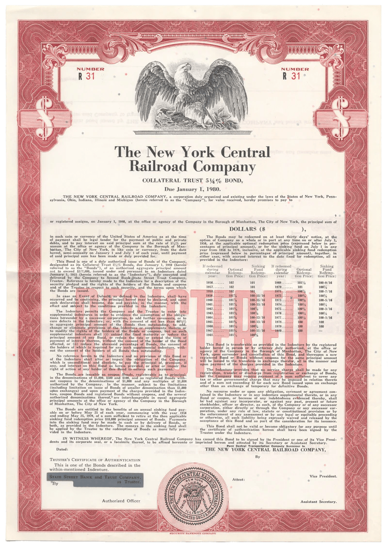 New York Central Railroad Co. Bond Certificate Ghosts of Wall Street