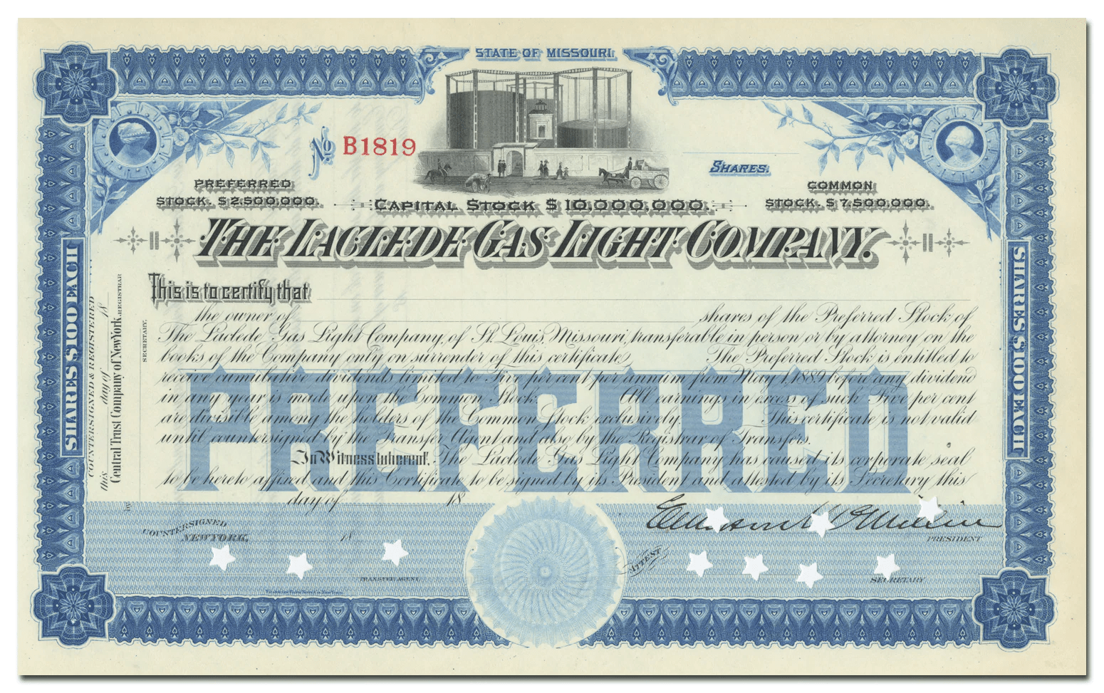 Laclede Gas Light Company Stock Certificate Ghosts of Wall Street