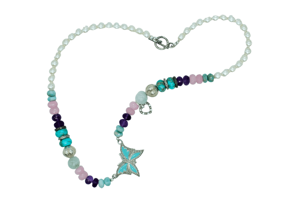 Diamond Butterfly Necklace with Multicolored Gemstones Gifted Unique