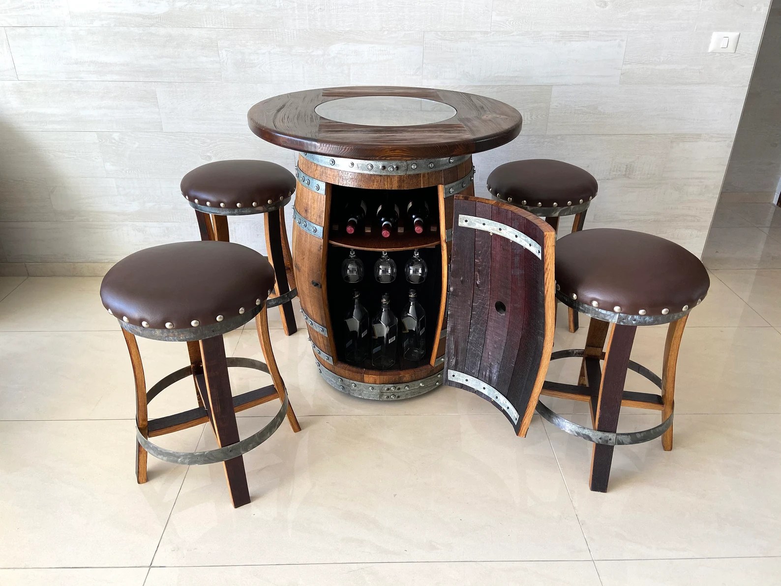 Vintage Whiskey Barrel Bar Table and Stools Gifter World