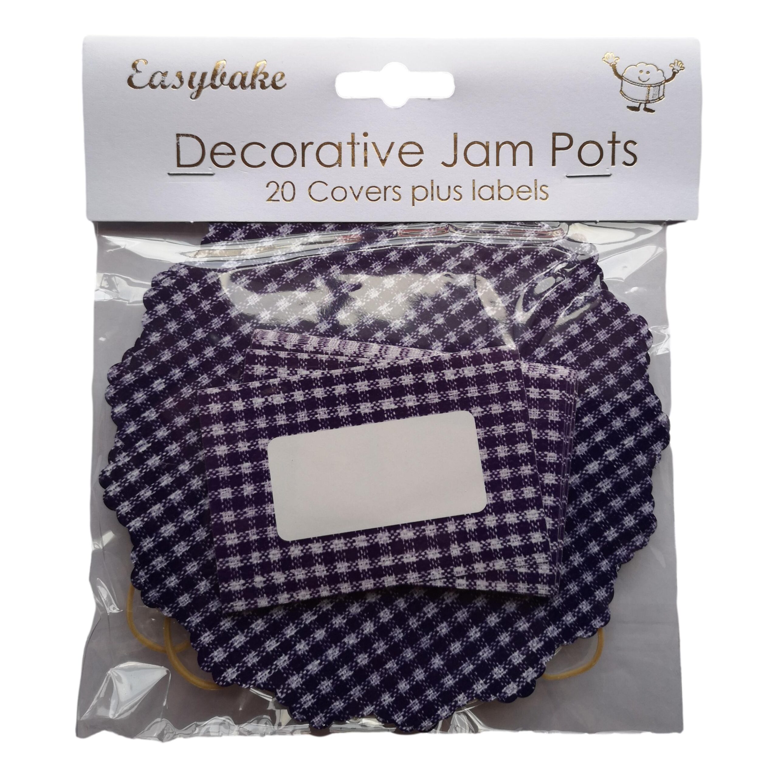 20 Blue Gingham Jam Pot Covers, Wax Discs, Rubber Bands and Self