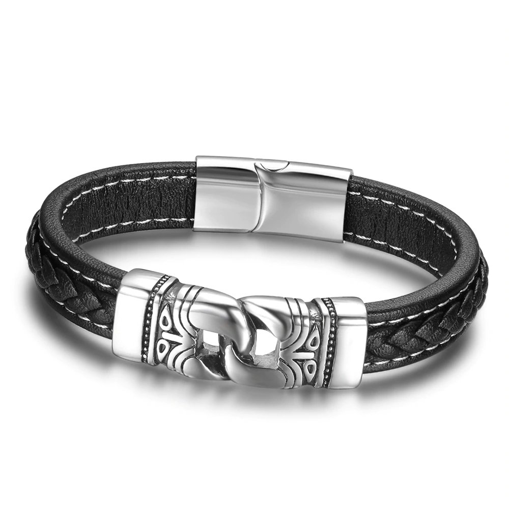 Genuine Leather Ancient Stainless Steel Bracelets For Men