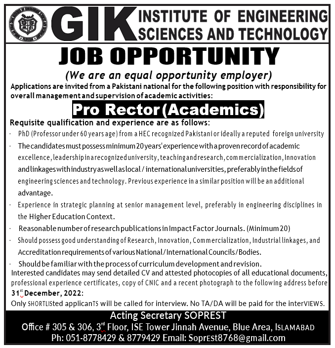 Job Opportunity ProRector (Academics) Ghulam Ishaq Khan Institute