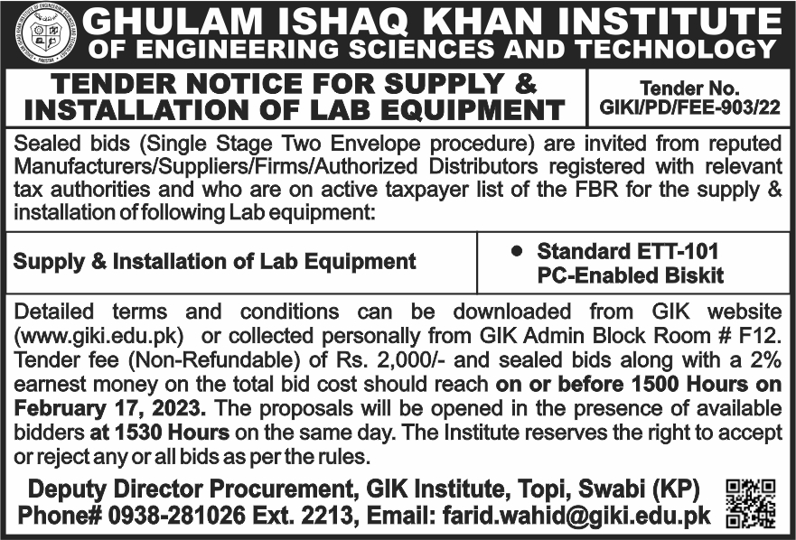Tender Notice For Supply & Installation Of Lab Equipment Ghulam Ishaq