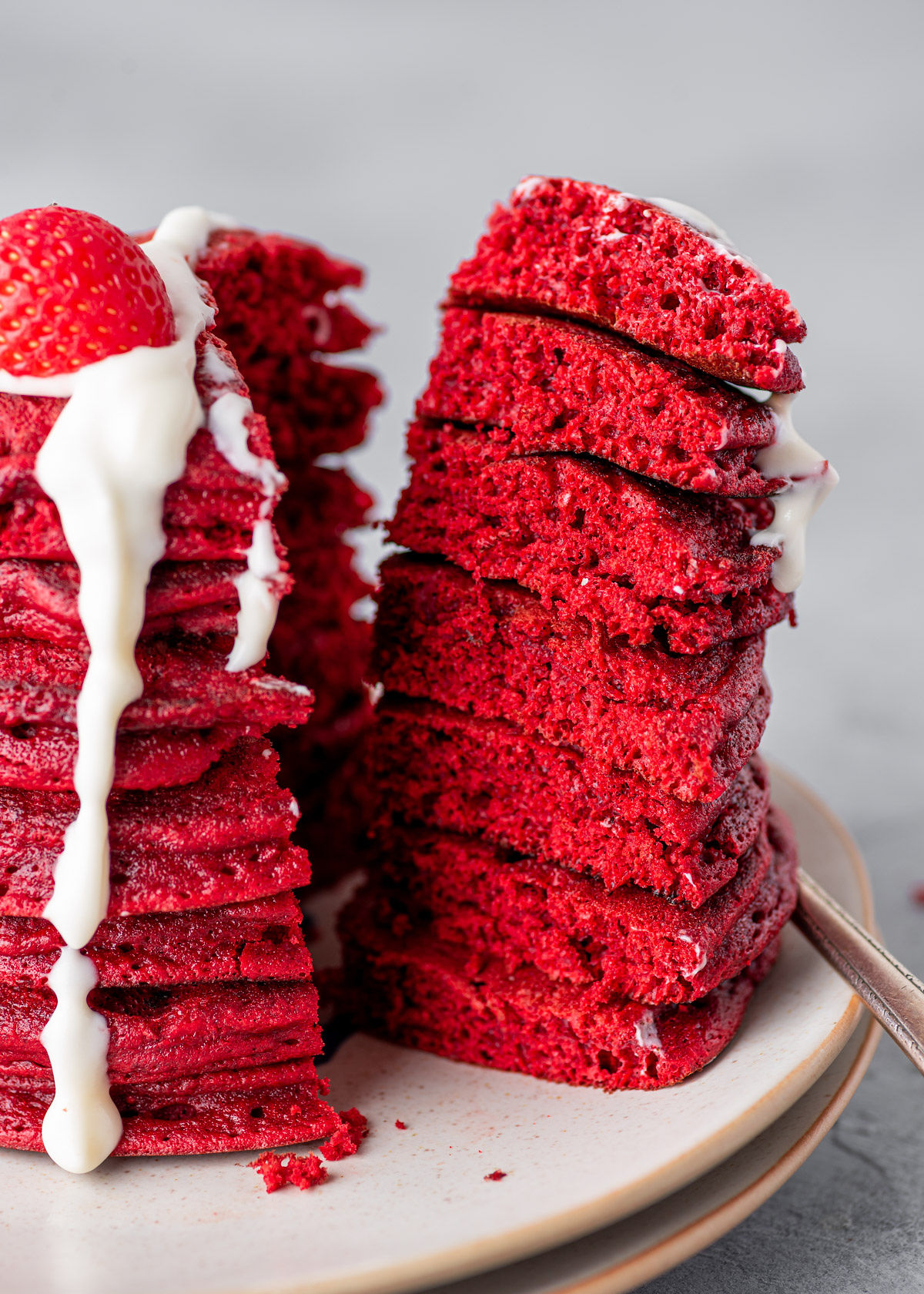 Cake Batter Red Velvet Pancakes with Cream Cheese Syrup
