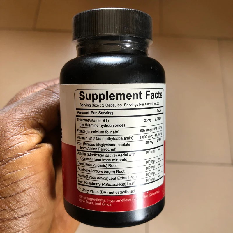 Iron Capsules with Red Raspberry, Vitamin B12, Beetroot, and Alfalfa