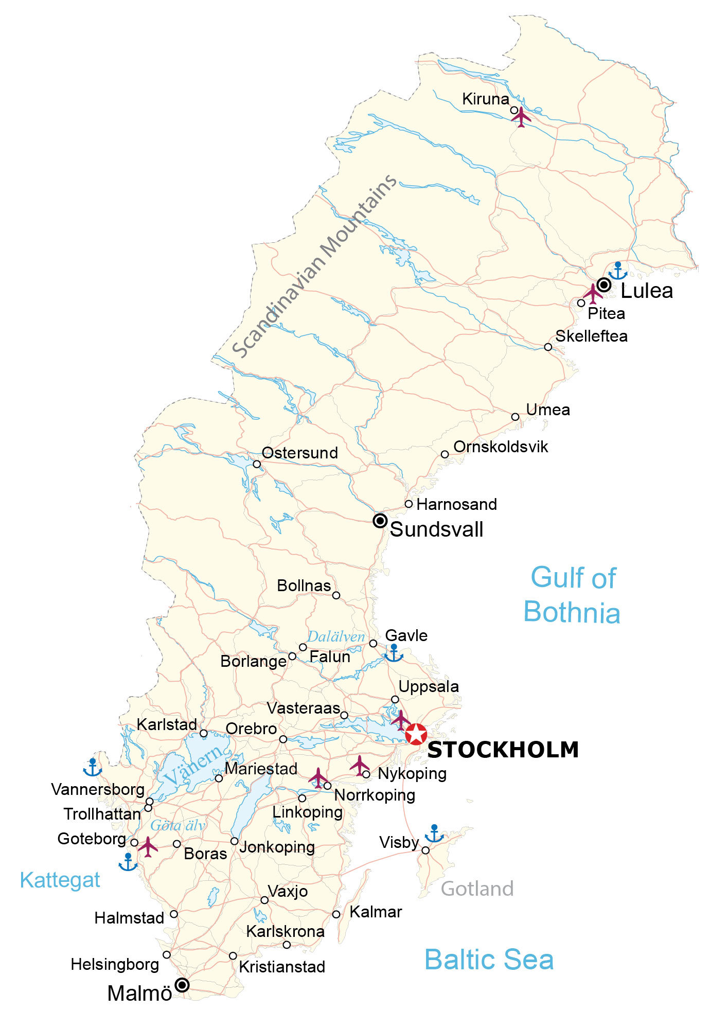 Map of Sweden Cities and Roads GIS Geography