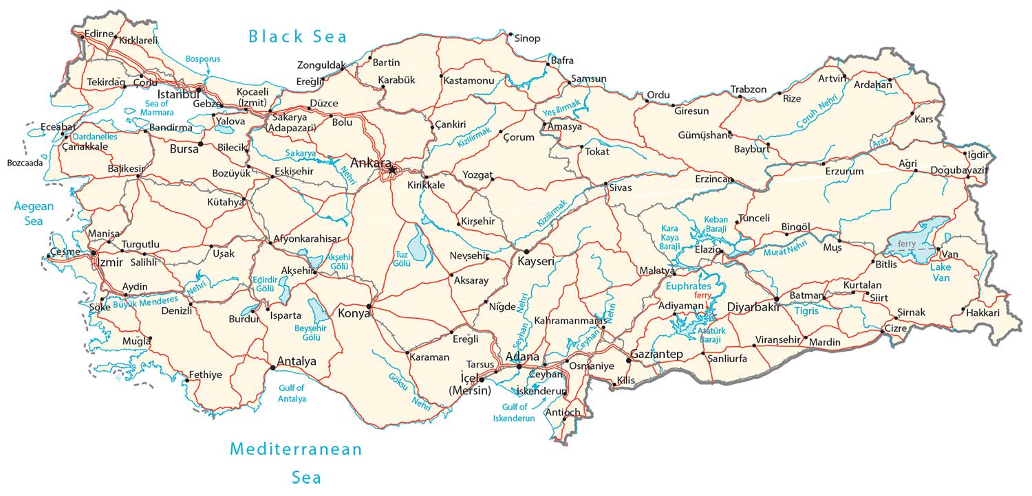 Map of Turkey Cities and Roads GIS Geography