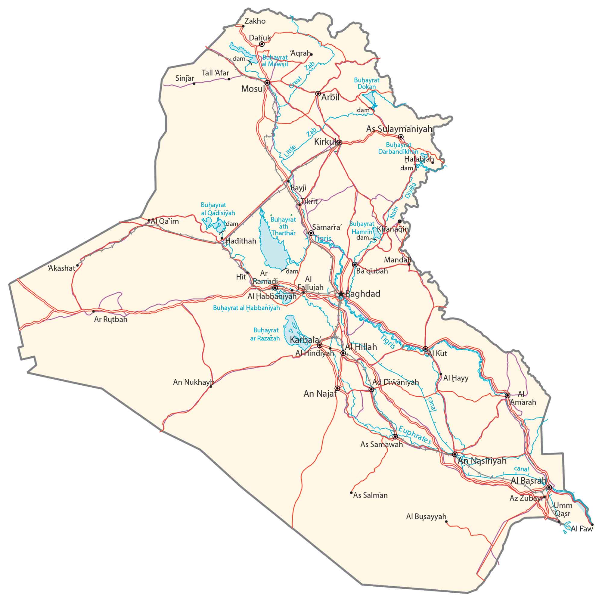 Iraq Map Cities and Roads GIS Geography