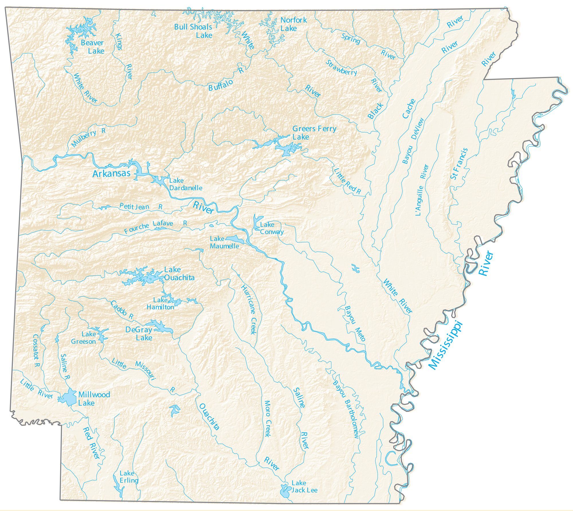 Arkansas Lakes and Rivers Map GIS Geography