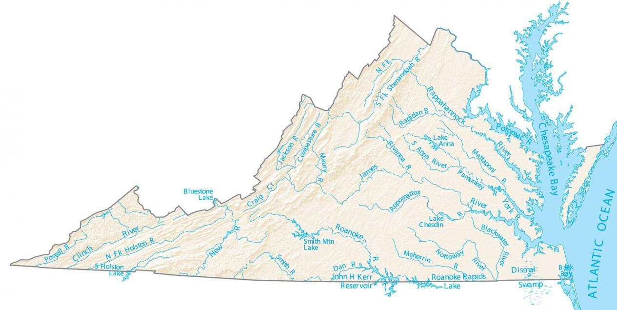 Virginia Water Features Map Virginia Lakes and Rivers Map GIS Geography