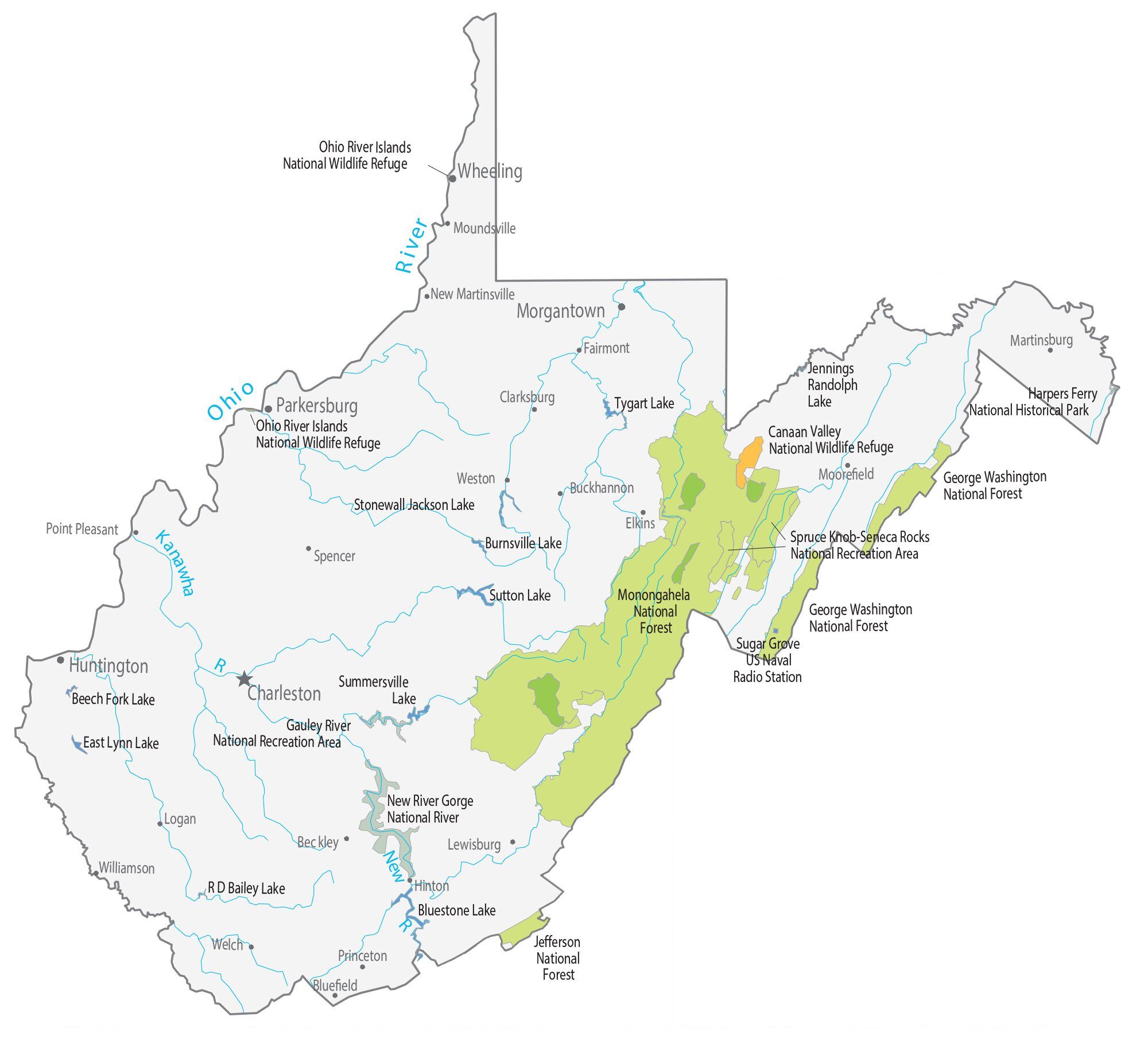 West Virginia State Map Places and Landmarks GIS Geography