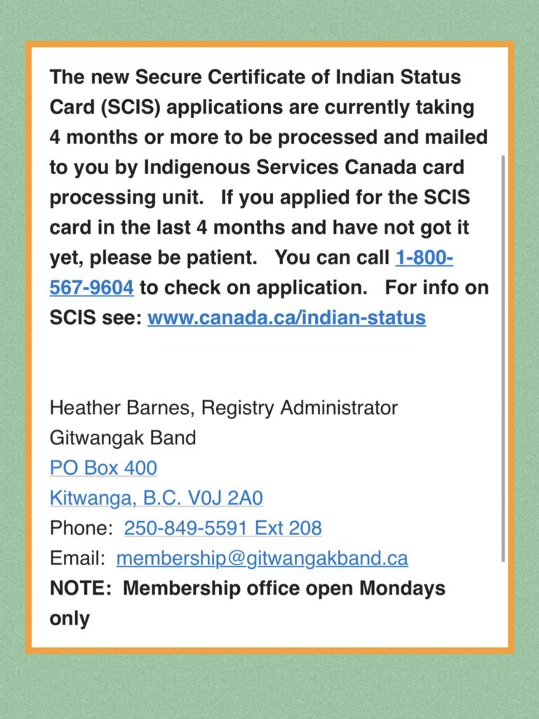 Secure Certificate of Indian Status Card Update Gitwangak Band