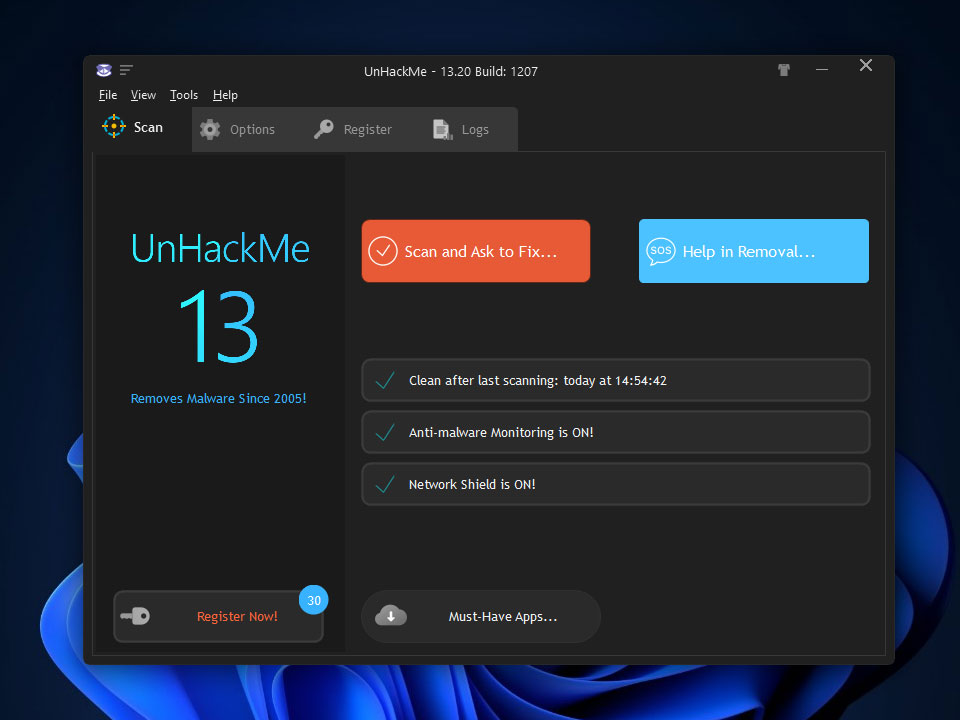 UnHackMe 13.20 UnHackMe eliminates all types of malicious software!