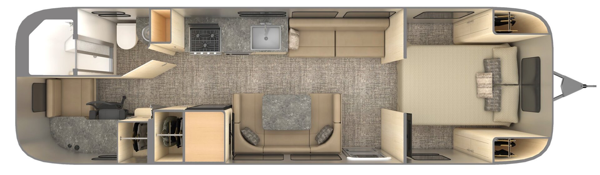 The trailer offers all the comforts of home including a bathroom with shower, a kitchen, a dining area, and even a full bedroom.