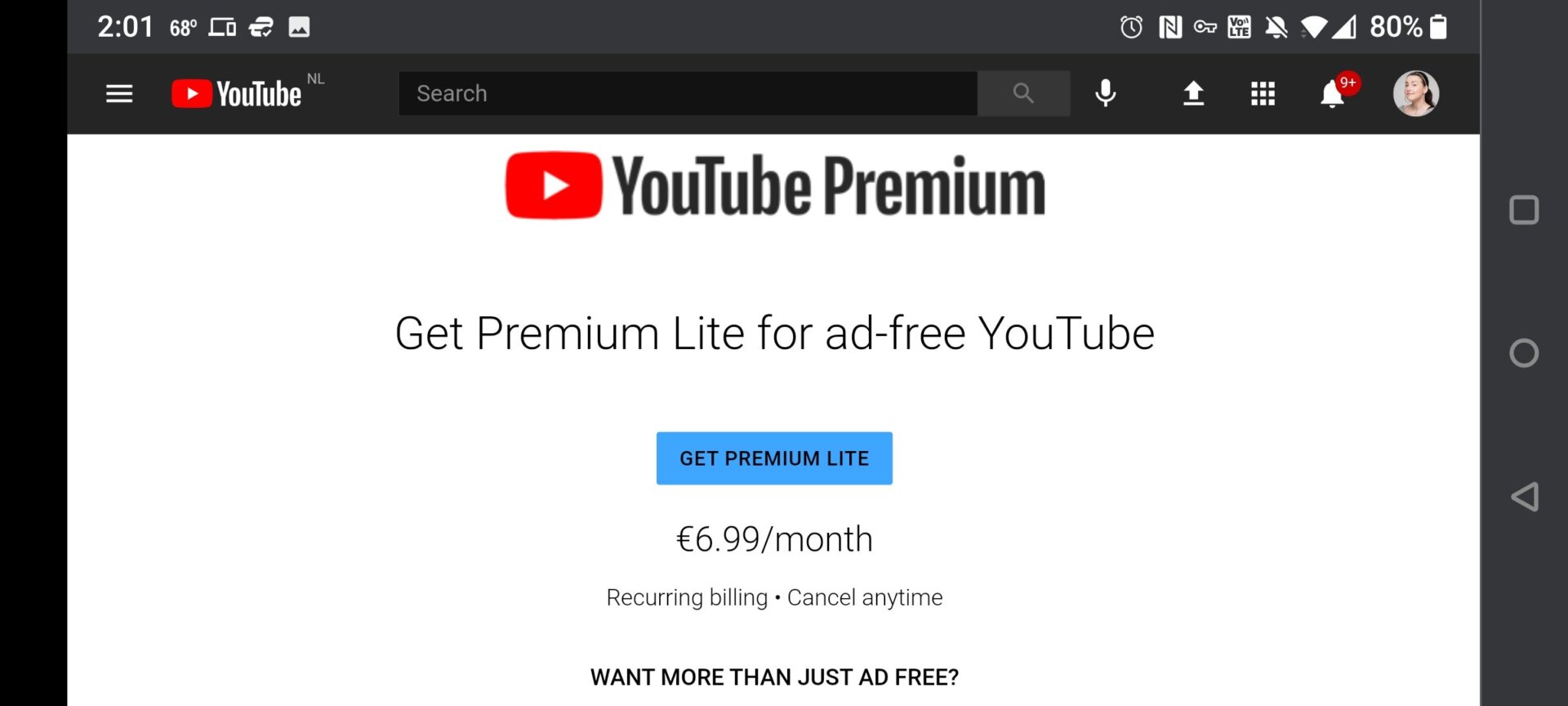 Log in as if you live in the Netherlands, and you’ll see the splash page to sign up for YouTube Premium Lite.