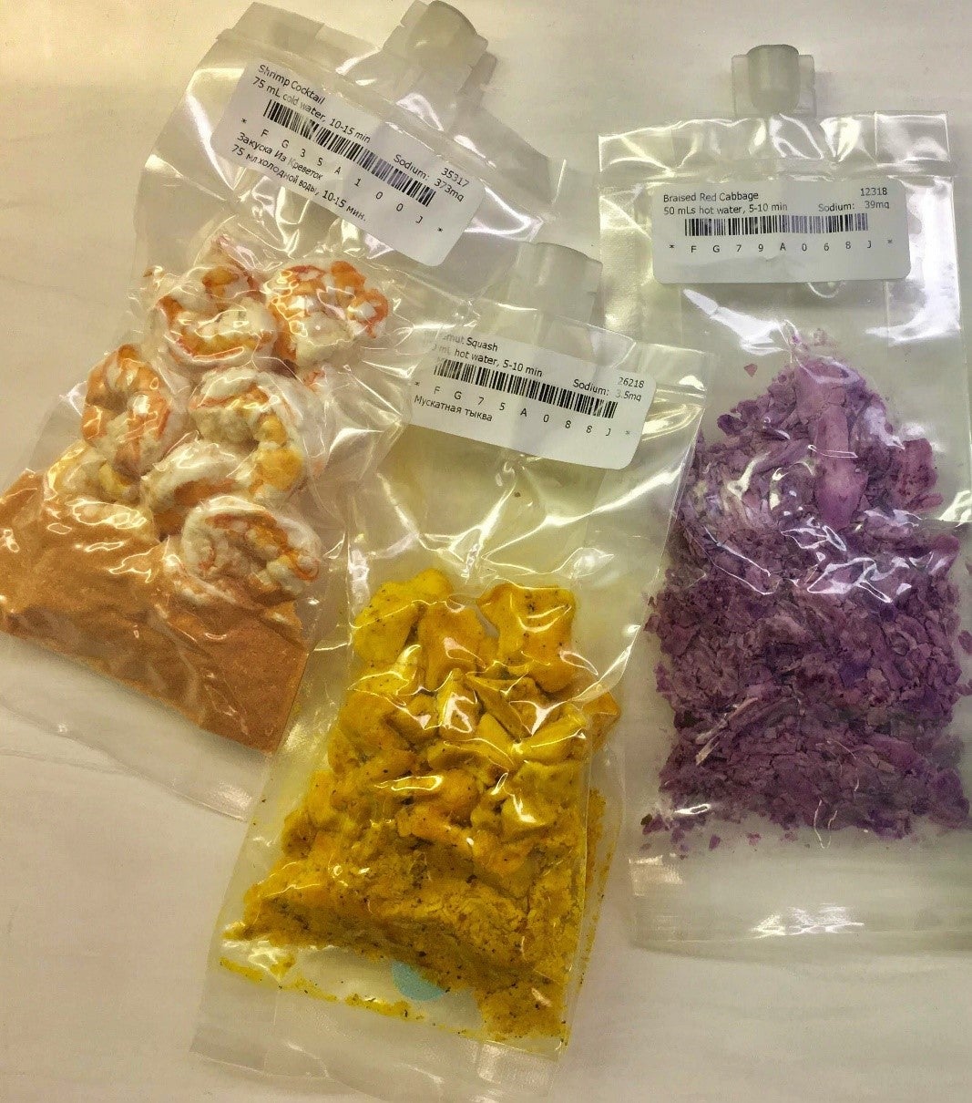 Yummy. Foods in the new study included shrimp cocktail, butternut squash, and braised red cabbage. The freeze-dried foods were rehydrated prior to being eaten.