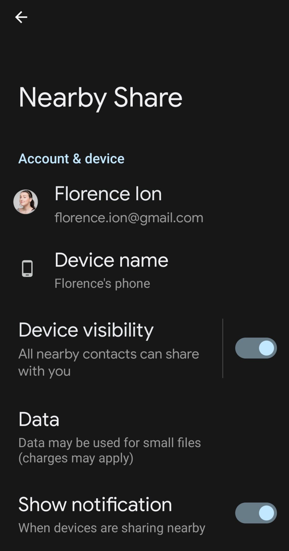 The Nearby Share settings panel as seen on a Samsung device.
