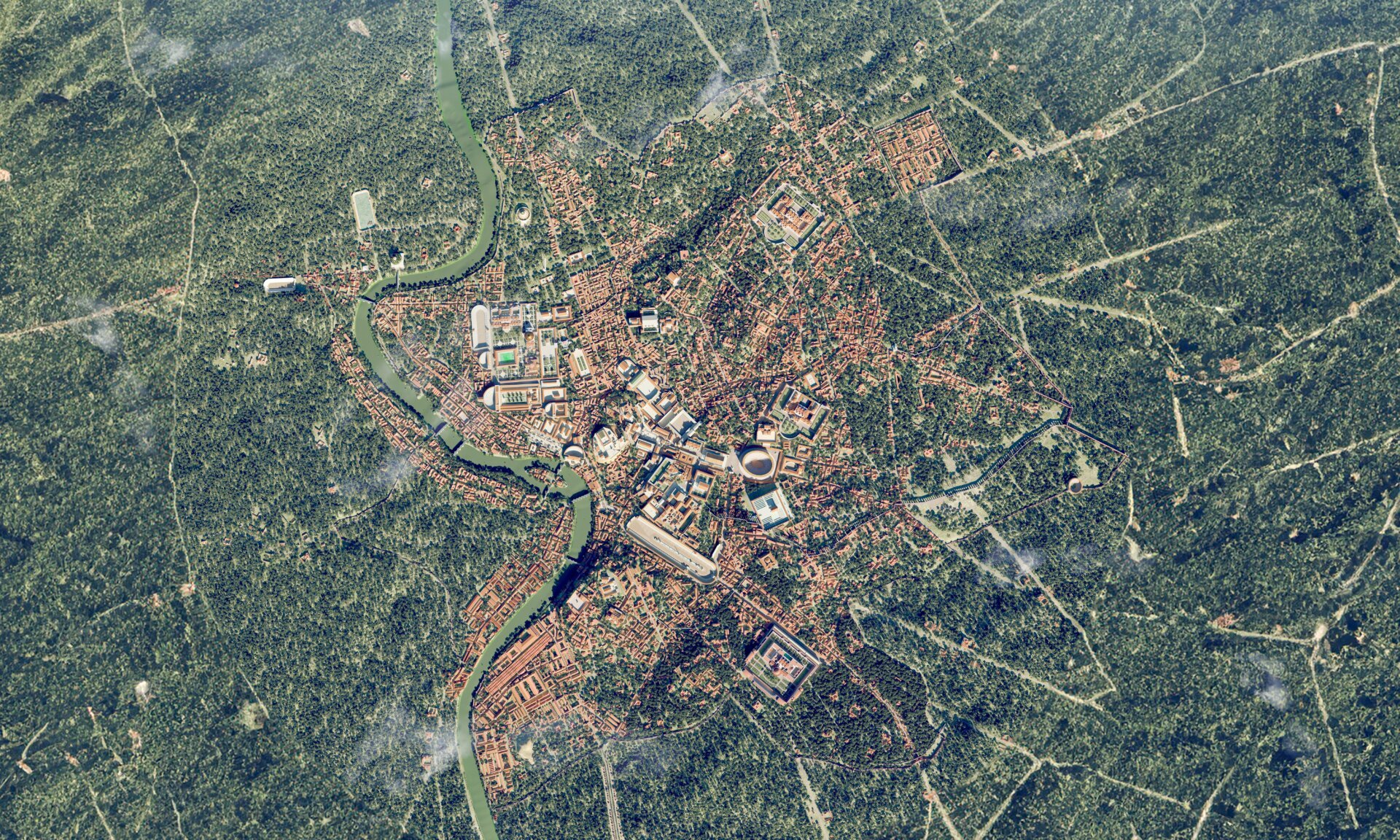 A reconstruction of Rome circa 320 CE, seen from directly above the city.