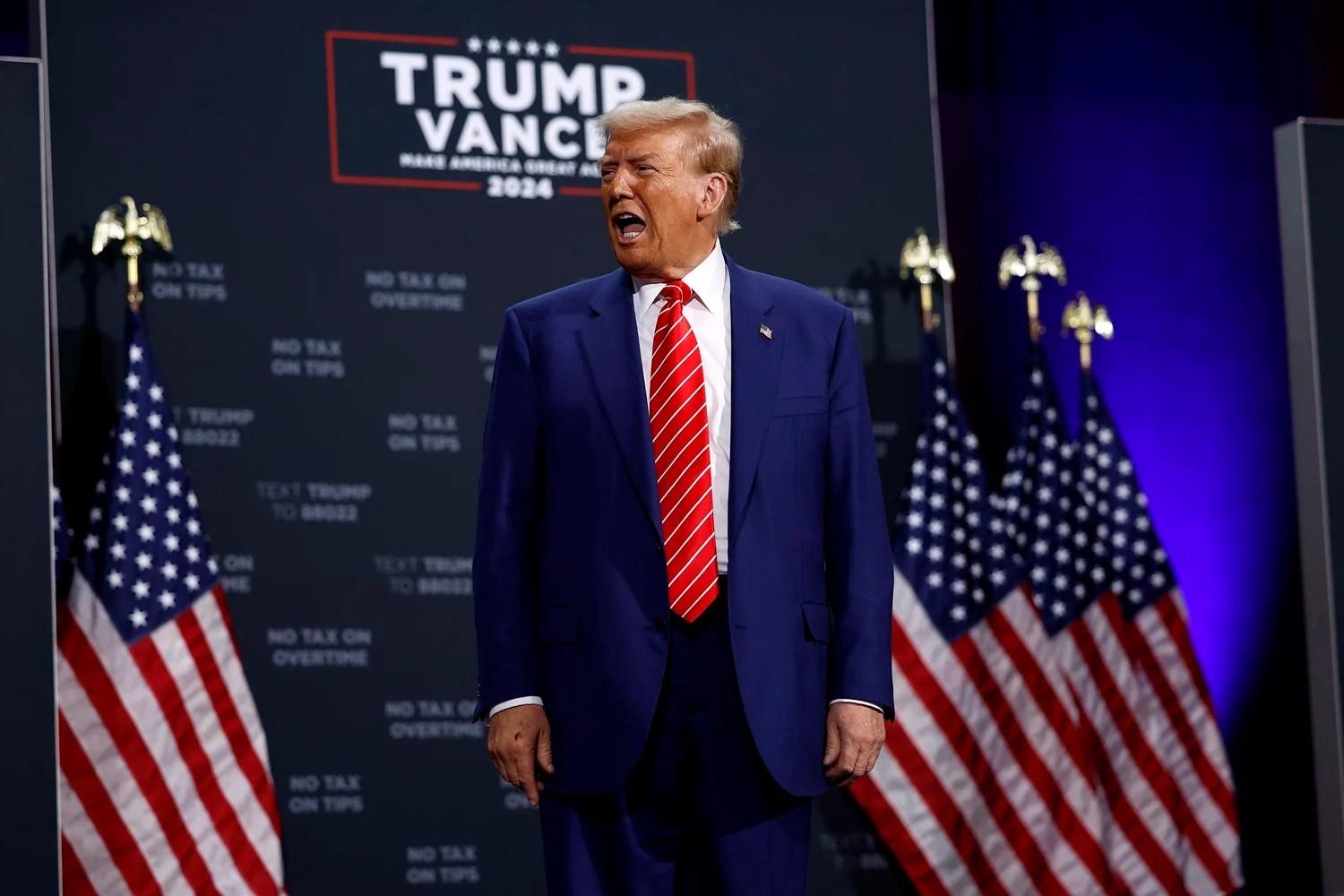 Republican presidential nominee, former U.S. President Donald Trump arrives to campaign rally at the Cobb Energy Performing Arts Centre on October 15, 2024 in Atlanta, Georgia.