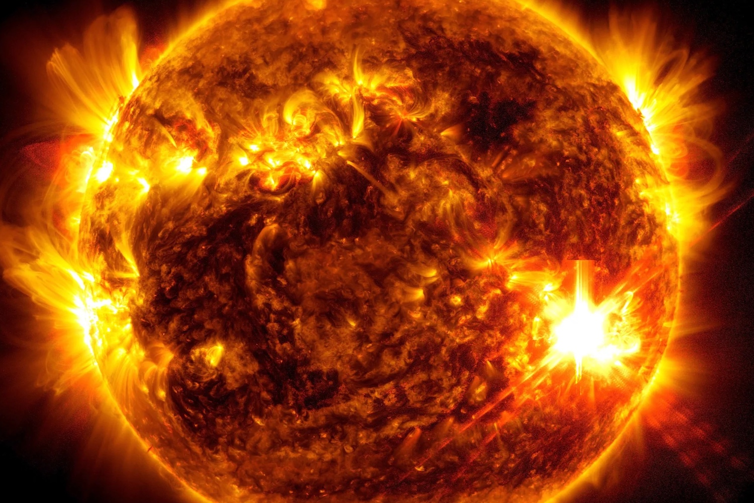 NASA’s Solar Dynamics Observatory (SDO) captured this image of an X5.8 solar flare peaking at 9:23 p.m. EDT on May 10, 2024.