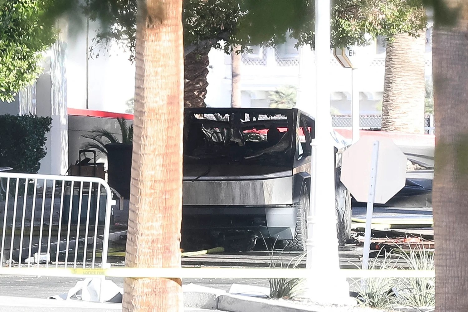 A Tesla Cybertruck is shown after it caught fire and exploded outside the lobby of President-elect Donald Trump&rsquo;s hotel, on January 1, 2025, in Las Vegas.