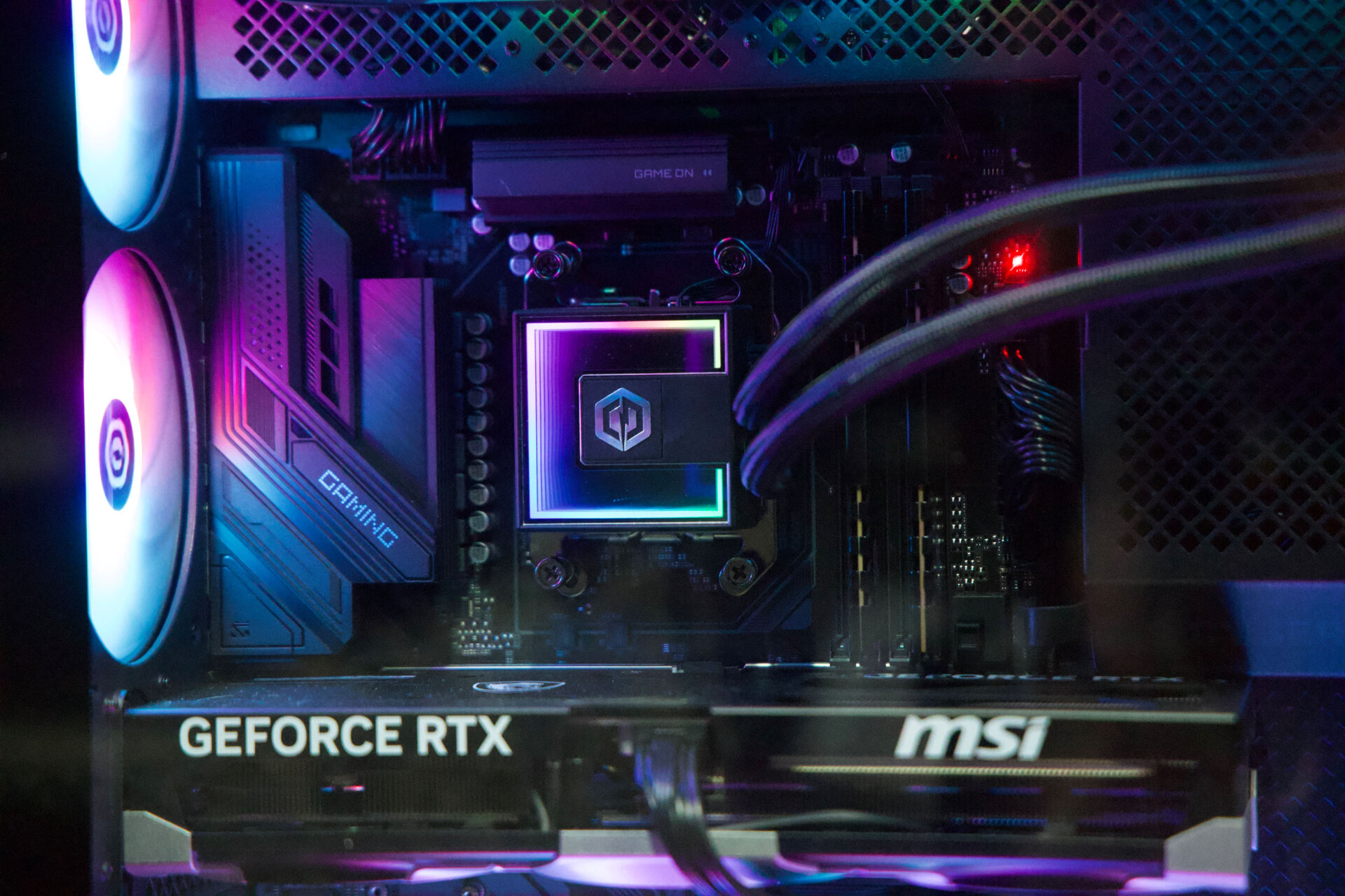 Close up shot of AMD Ryzen 7 CPU and liquid cooling in CyberPowerPc Gamer Supreme