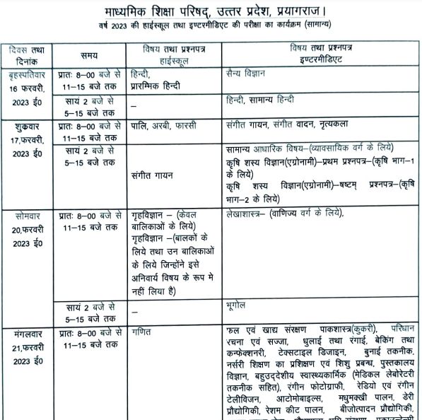 UP Board Exam Date 2023 10th 12th UPMSP Scheme & Date Sheet, UP Board