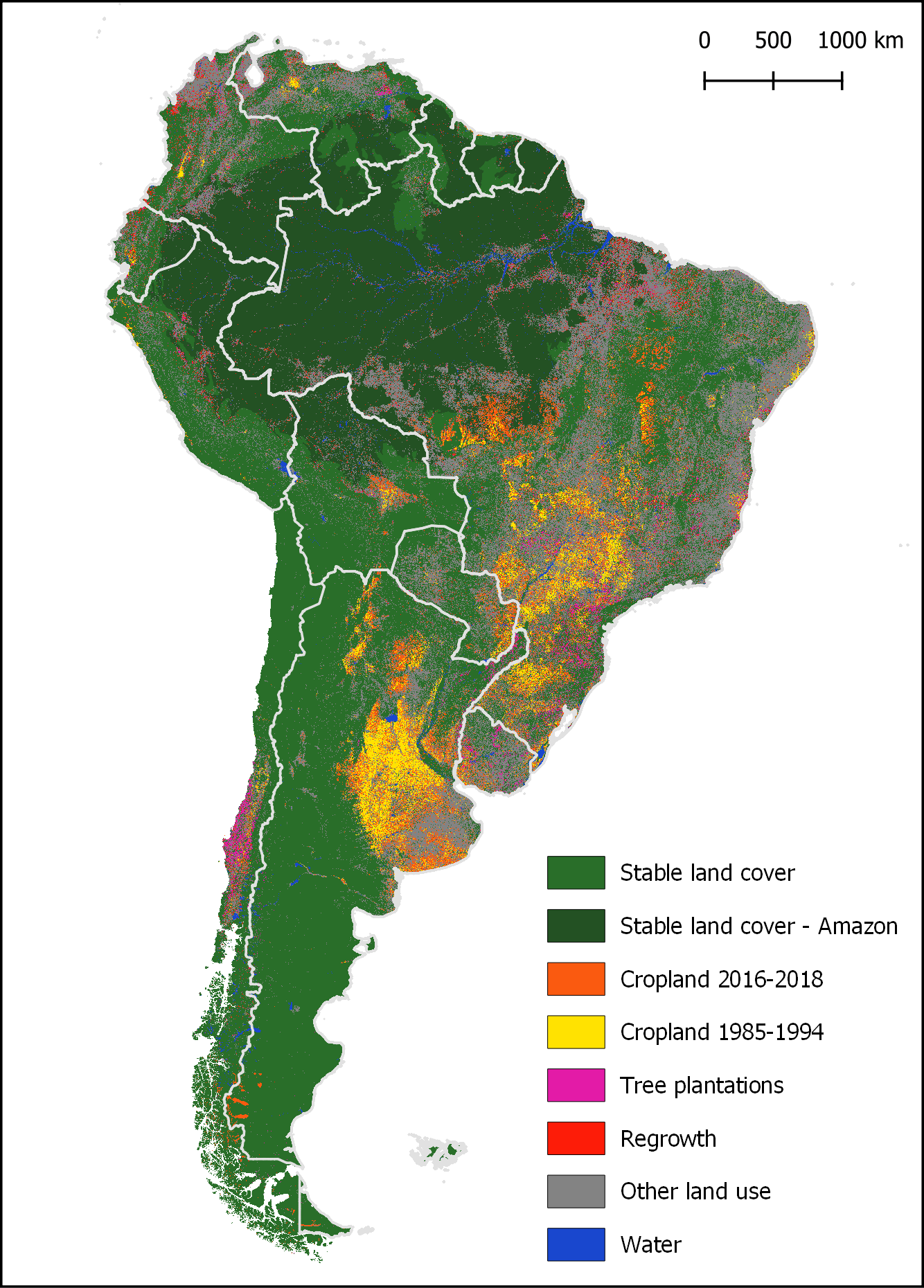Rapid expansion of human impact on natural land in South America since