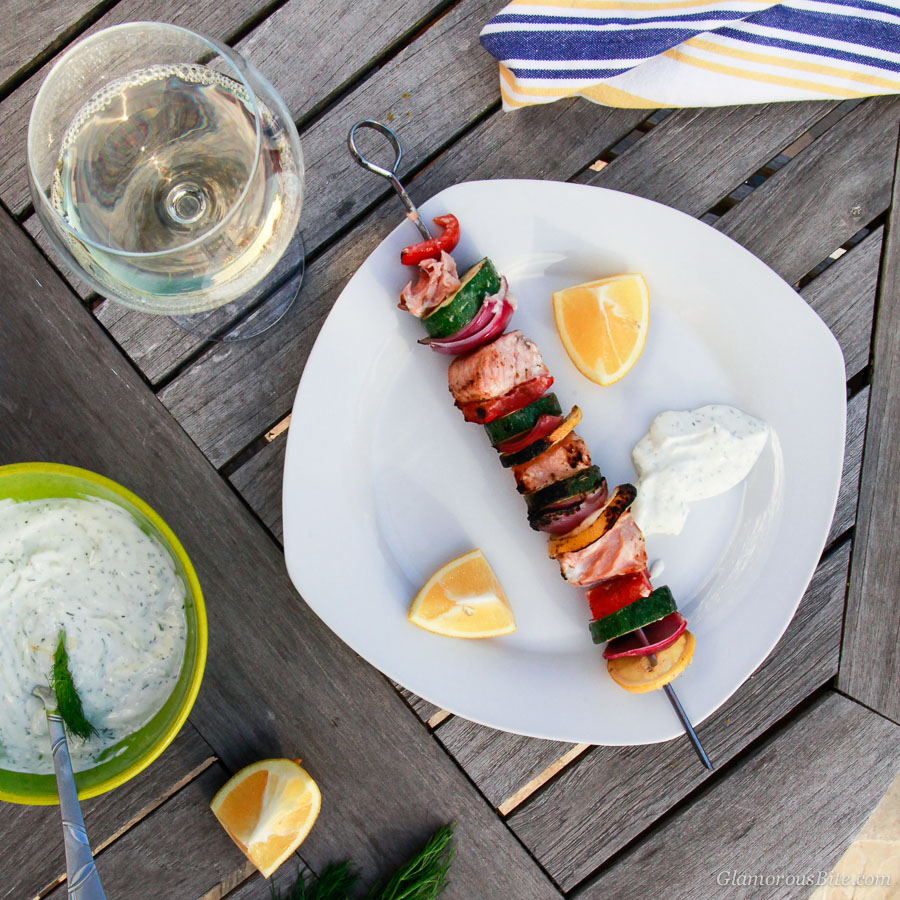 Grilled Salmon Kebabs with Dill Yogurt Sauce
