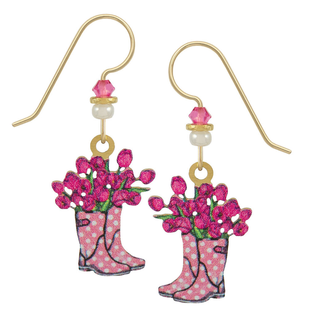 Pink tulip flowers in rain boot earrings by Sienna Sky Jewelry by
