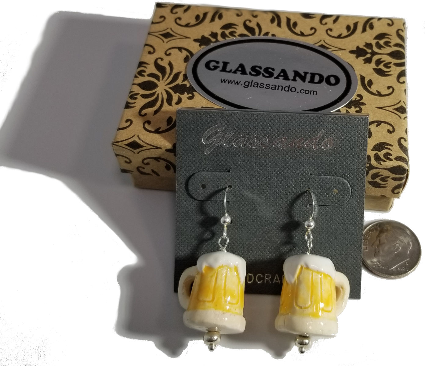 Beer mug earrings handmade from ceramic beads and sterling silver